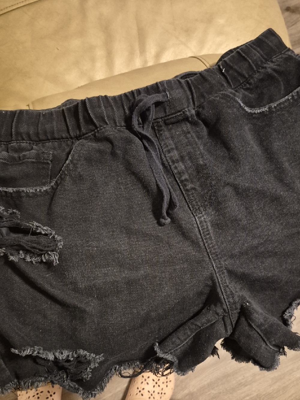 YMI Black Distressed Denim Drawstring Shorts Size Xl